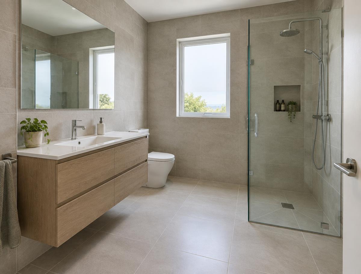 Completed Auckland bathroom renovation with wall and floor tiling by TradePlus